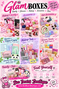 A promotional collage for Boo Bears Boutique featuring multiple pink-themed beauty, skincare, makeup, and hair accessory boxes. The graphic includes the text 'Glam BOXES' and 'Boo Bears Boutique' with product examples such as makeup palettes, face care items, skincare products, and hair accessories arranged in a grid on a pink background.