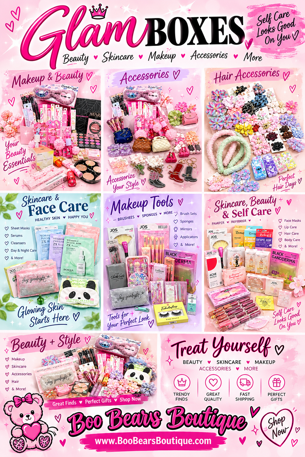 A promotional collage for Boo Bears Boutique featuring multiple pink-themed beauty, skincare, makeup, and hair accessory boxes. The graphic includes the text 'Glam BOXES' and 'Boo Bears Boutique' with product examples such as makeup palettes, face care items, skincare products, and hair accessories arranged in a grid on a pink background.